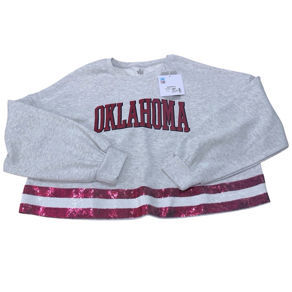 Gameday Couture OU Oklahoma Crop Shimmer Stripe Sweater Large NWT Gray Crimson